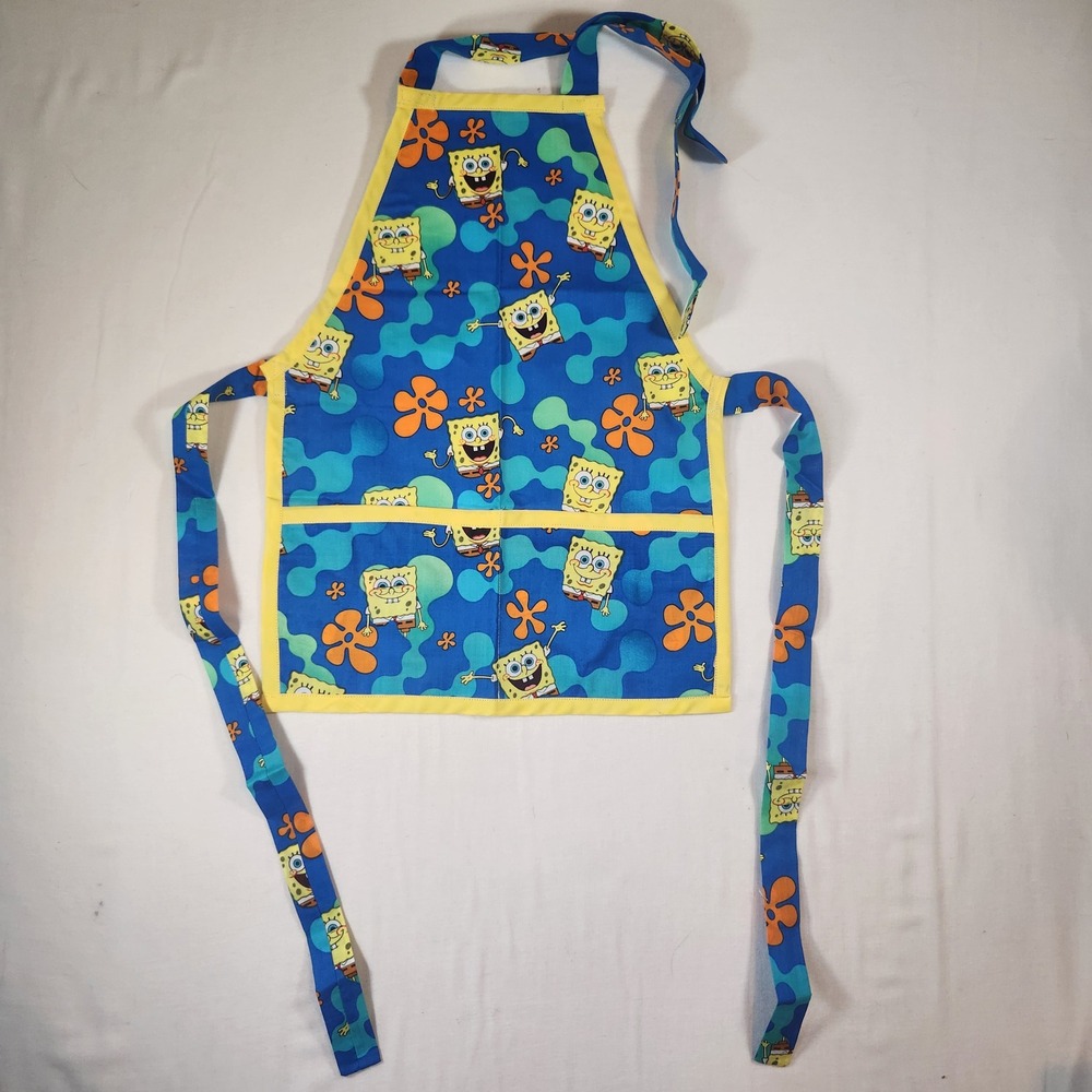 Handmade SpongeBob SquarePants Bib Apron Blue Yellow Trim Two Pocket Kitchen Fun